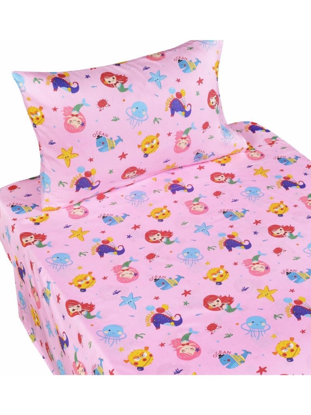 Cute Mermaid Fish Whale Twin Sheet Set - 100% Cotton Kids Bedding, 3 Pieces